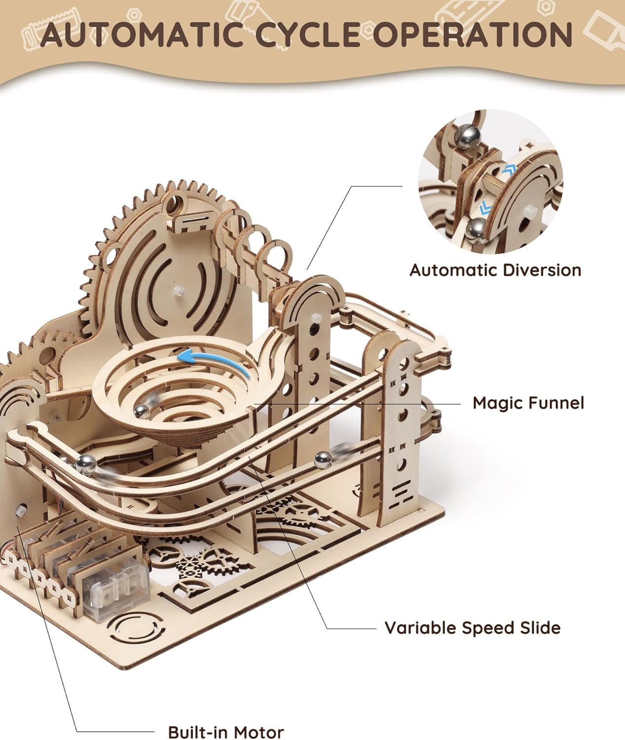SainSmart Jr. 3D Wooden Puzzles for Adults, Marble Run Wood to Build, Mechanical Model Building Kit, DIY Gift for Aged 14+, Roller Coaster