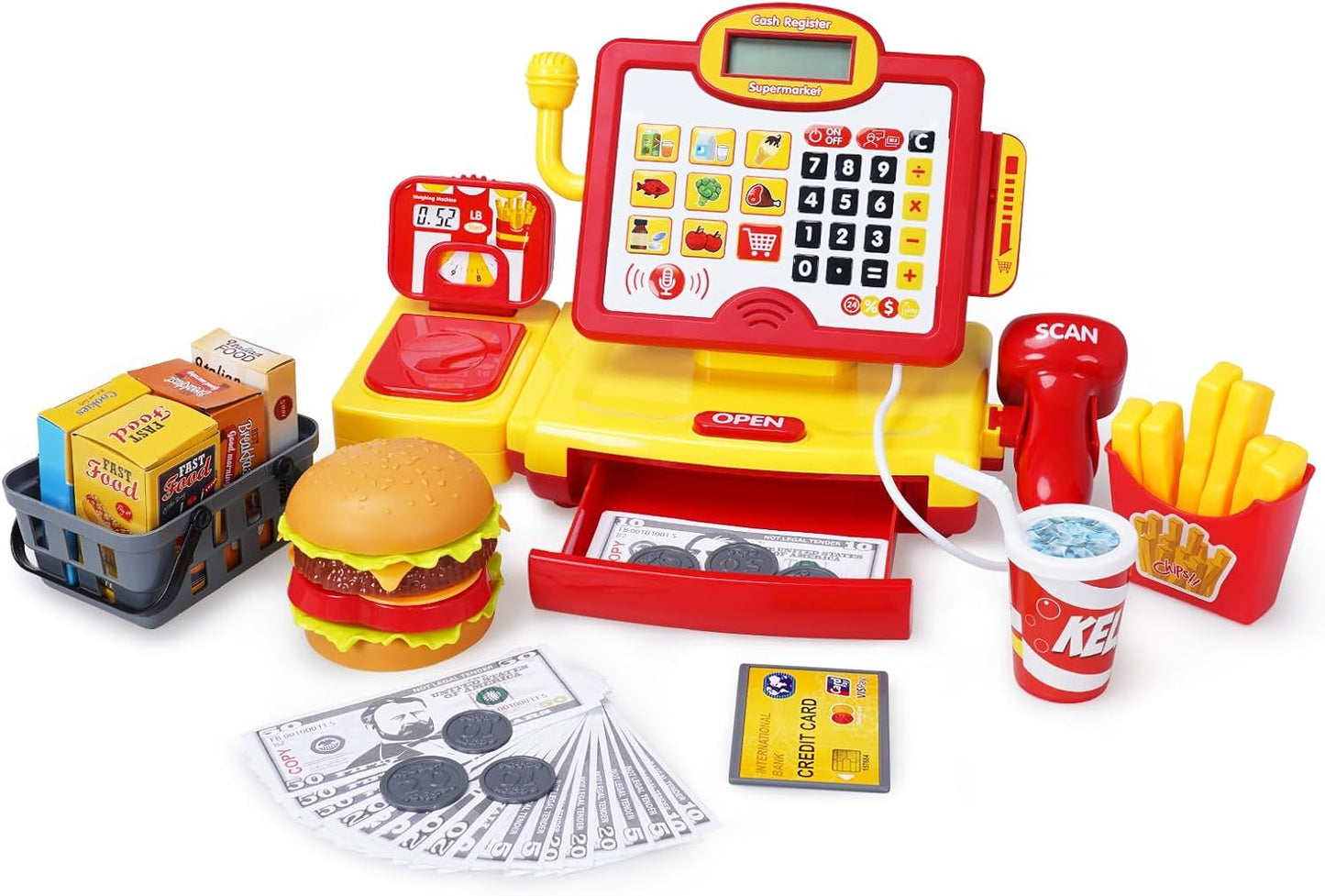 FS Pretend Play Cash Register Toy Preschool Gift for Kids, Classic Count Toy with Sound, Microphone, Scanner, Credit Card, Play Food for Boys & Girls, 57 Pieces Play Set, Ages 3 4 5 6 7, Purple