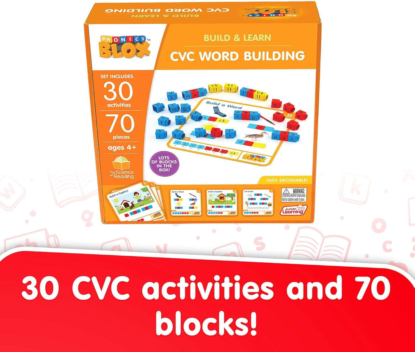 Junior Learning: Rainbow Phonics Blox: CVC Word Building - Phase 2-30 Activity Cards, Color Coded Blocks, Learning, Reading Development, Kids 4+