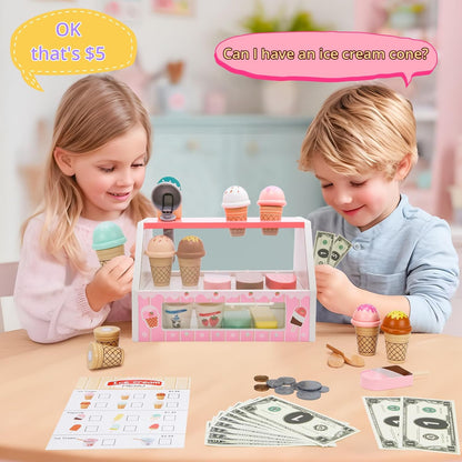 ZJEFUNS Wooden Ice Cream Toys for Kids Ice Cream Counter Shop for Toddlers Pretend Play Food Scoop and Serve with Scoop & Menu & Fake Money for Boys and Girls Ages 3 4 5 6 (Beige)