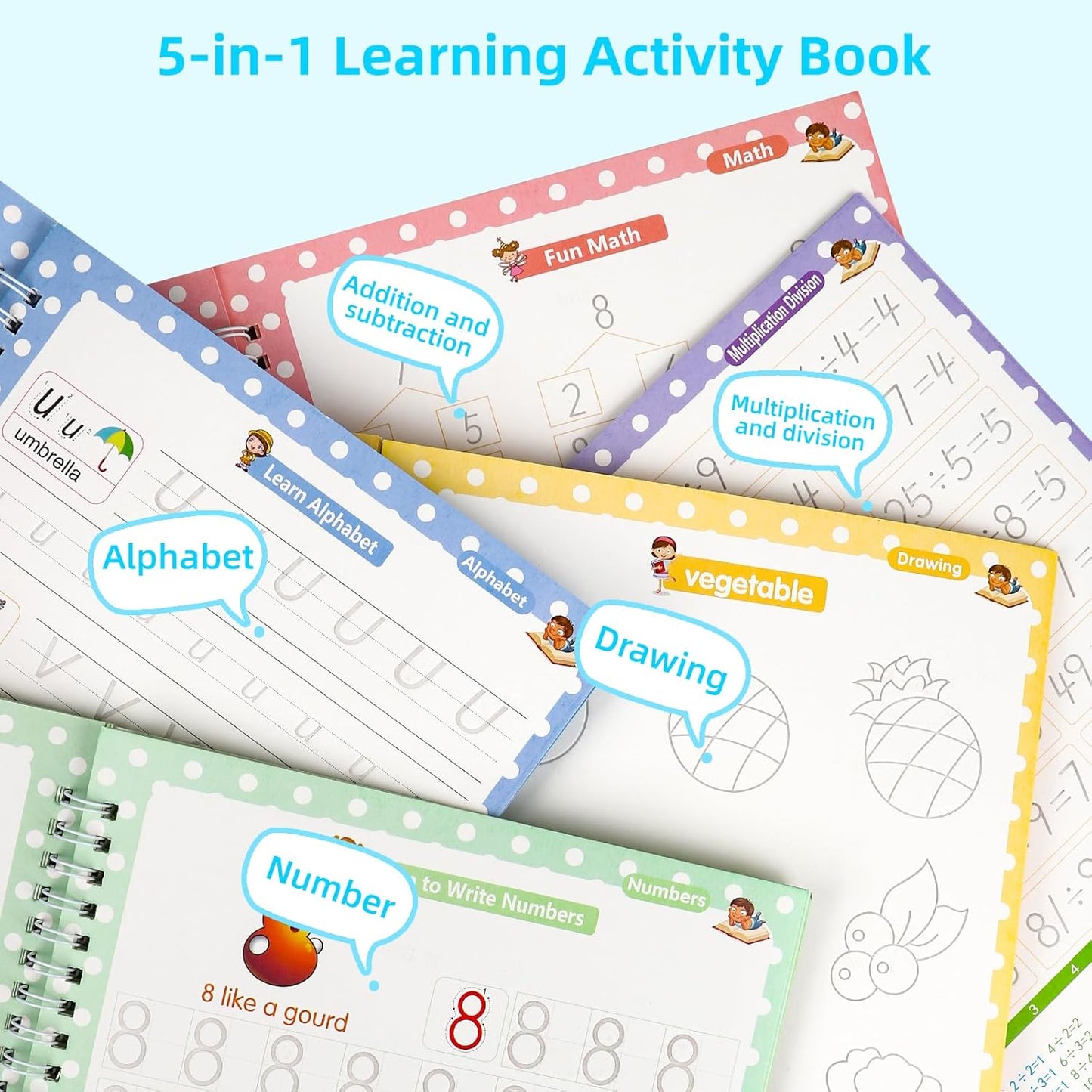 Large Reusable Grooved Handwriting Practice Workbooks for Kids Ages 3-8 – Magic Disappearing Ink & 3D Groove – Preschool Kindergarten Children Writing Books 5-Book Set with Pen Grips