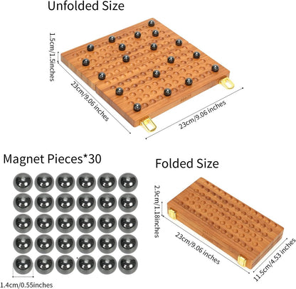 Wooden Magnetic Chess Game with 30 Piece Metal Balls, Magnet Game with Inner Storage Tray, Logical Strategy Game for Ages 6+