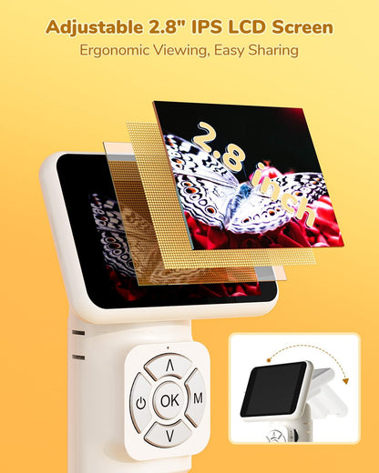 JL113 Microscope for Kids Adults with 2.8" IPS Screen, Handheld Digital Microscope Camera Anti-Shake, 1080P USB Coin Magnifier for Adults with 8 LED Light, Science Kit Kids, PC View, 32GB