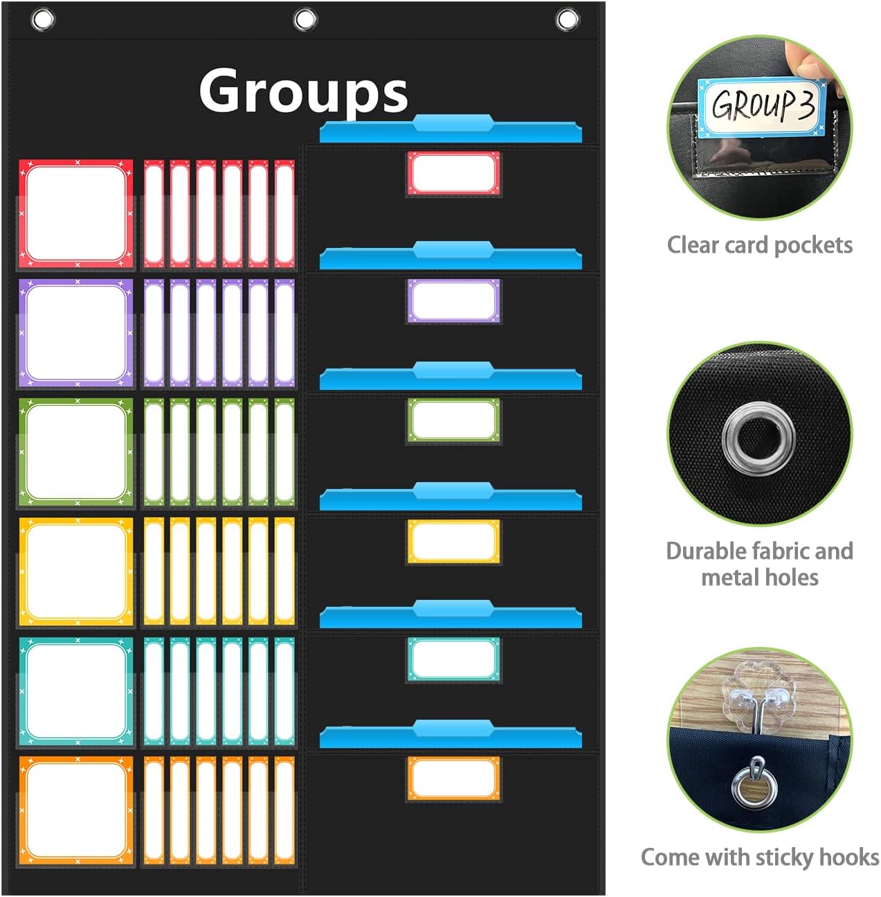 REGELETO Small Group Management Pocket Chart with 96 Cards Classroom Jobs Chart Small Group Organizer and on Task for School Teacher Homeschool Learning Supplies (Black)