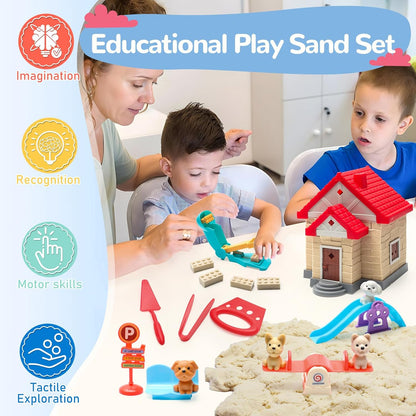 Crelloci House Building Play Sand Toys, House Mold 1.7lbs Magic Sand 4 Tools & Dog Slide Model, Construction Sensory Toy Magnetic Sand Set, Gift for Kids Boys Girls Age 3-8