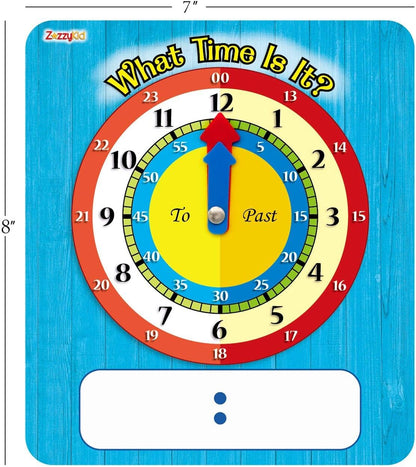 ZazzyKid Time Learning Analog Clock for Kids - Pack of 5 (7 x 8 Inches) with 5 Erasable Markers: Teach Children to Tell The Time
