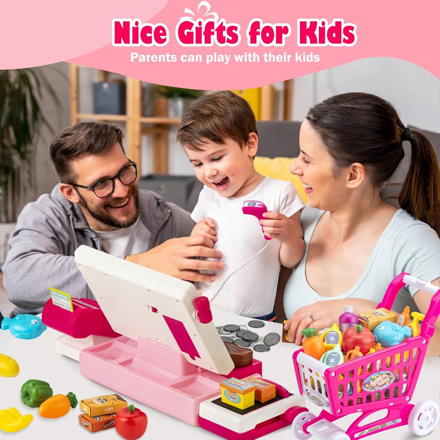 Cash Register for Kids Real Calculator Kids Cash Register with Scanner Toy for 3 4 5 6 7 8 Year Old Boy Pretend Play Store with Music / Food / Shopping Cart Learning Toys Gifts for Boys Ages 4-8