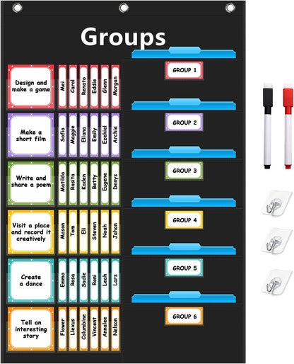 REGELETO Small Group Management Pocket Chart with 96 Cards Classroom Jobs Chart Small Group Organizer and on Task for School Teacher Homeschool Learning Supplies (Black)