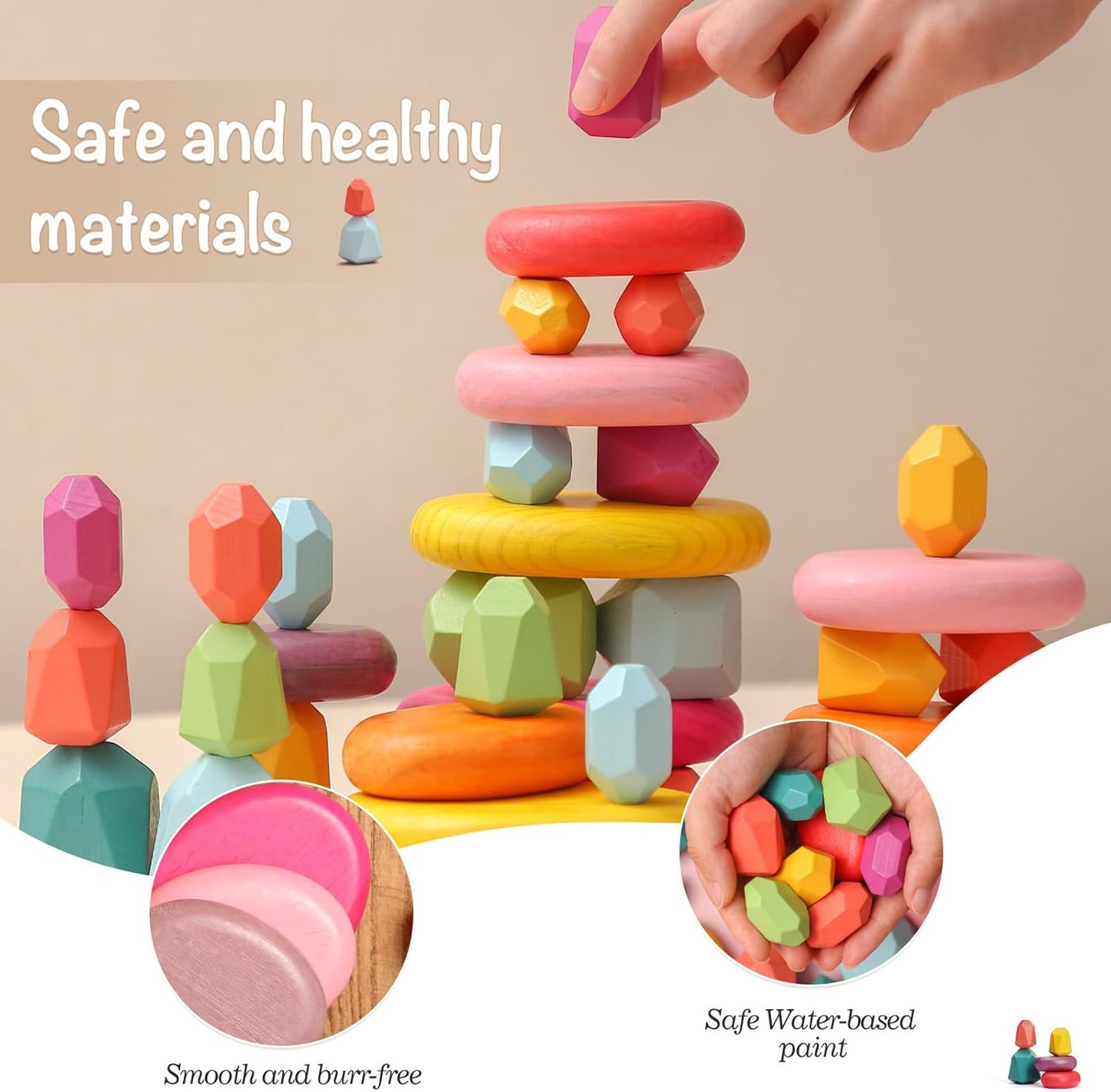 OESSUF Stacking Rocks 48Pcs Stacking Blocks Balancing Stacking Stones Wooden Building Toys Wood Stone Stacking Game for Toddler Sorting Preschool Educational Montessori Stacking Rocks for Kids