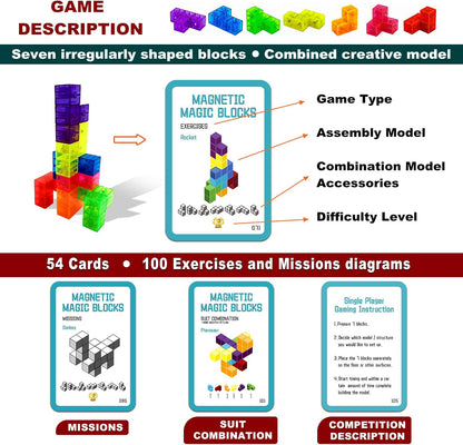 Magnetic Building Blocks Magic Magnetic 3D Puzzle Cubes, Set of 7 Multi Shapes Magnetic Blocks with 54 Guide Cards,Parent-Child Interactive Children's Educational Toys (7color)