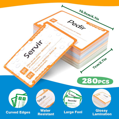 Quilinz 280 Spanish Vocabulary Flashcards,Learn Spanish for Adults and Kids Beginners, Verbs Conjugation&Phrases&Sight Words for Everyday Conversation,Bilingual Language Learning Flash Cards