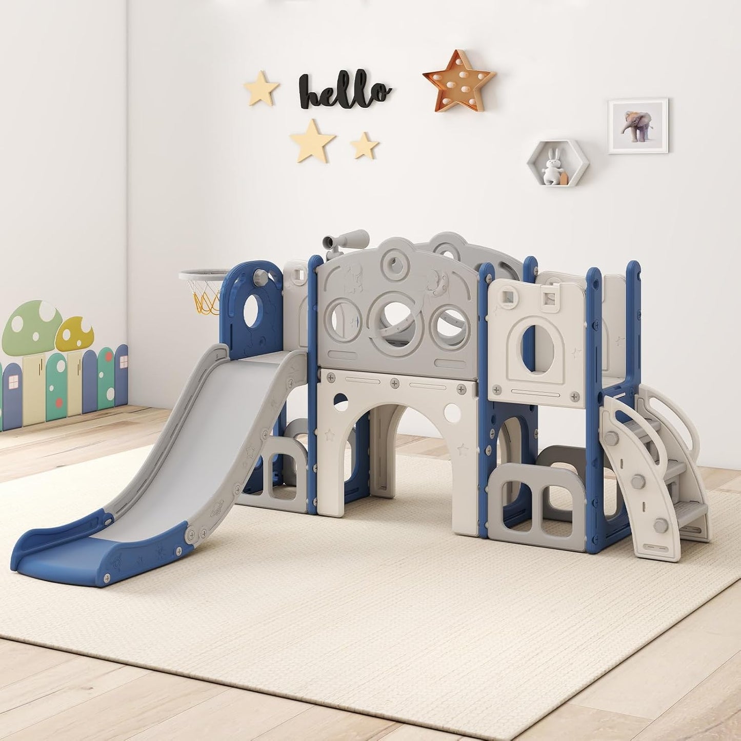kinbor 6 in 1 Toddler Slide PlaySet - Indoor Outdoor Fun for Kids Ages 1-3, Includes Basketball Hoop, Telescope, Storage & Climber, Safe, Sturdy Baby Slide for Backyard Playground, Blue