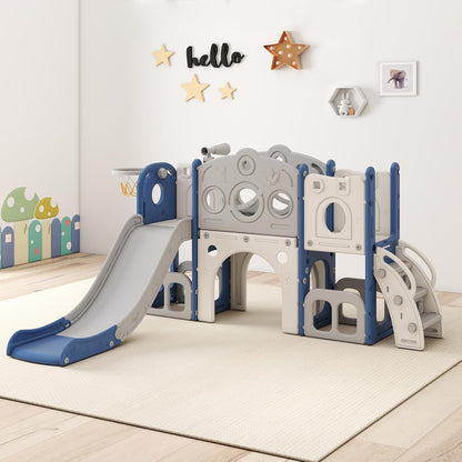 kinbor 6 in 1 Toddler Slide PlaySet - Indoor Outdoor Fun for Kids Ages 1-3, Includes Basketball Hoop, Telescope, Storage & Climber, Safe, Sturdy Baby Slide for Backyard Playground, Blue