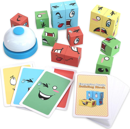 Face Changing Magnetic Cube Game, Expression Puzzle Magnetic Building Blocks Pattern Matching Game, Educational Puzzles Toy, Magnet Cubes,Board Games for Kids and Adults with Bell,16 PCS Magnet Blocks