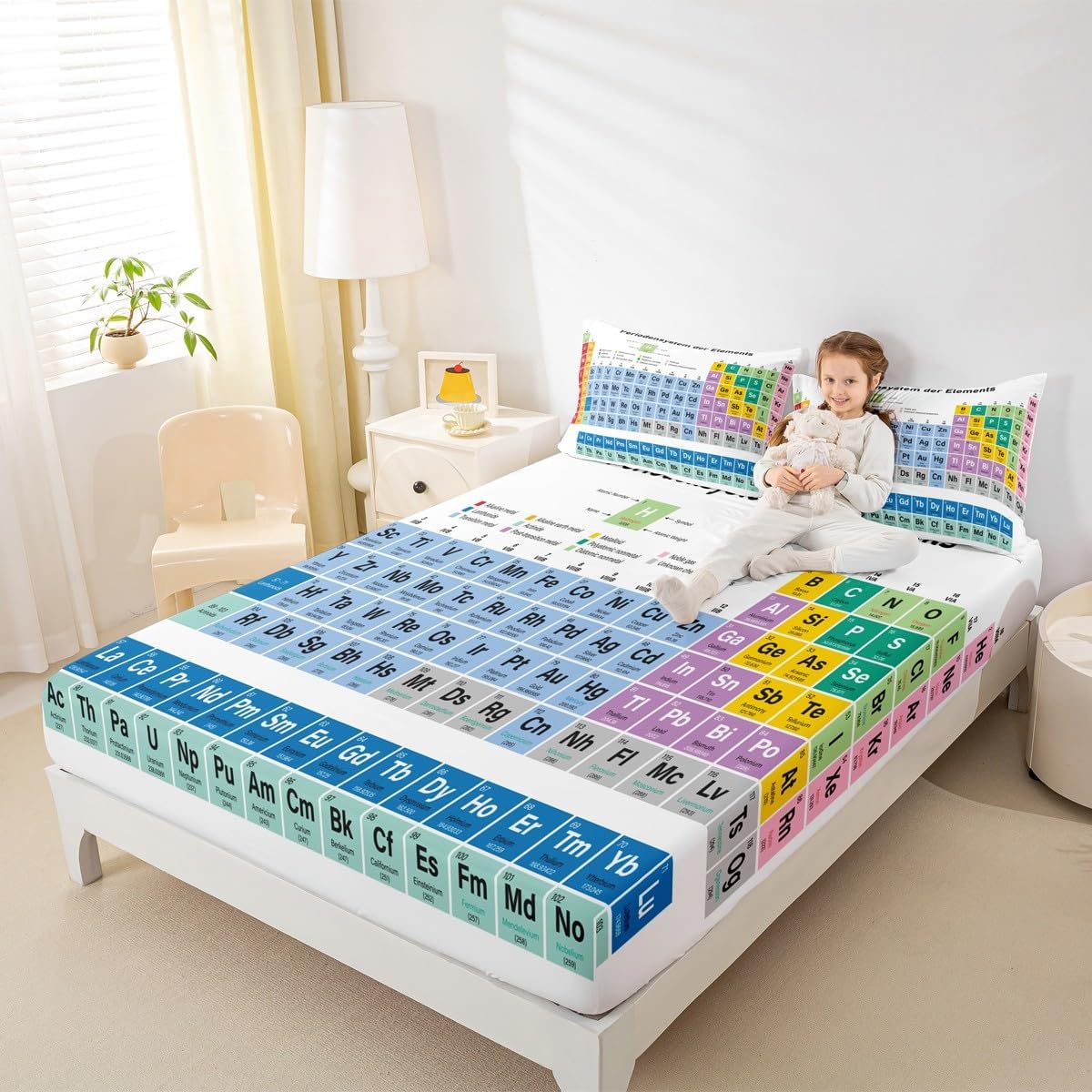 Kids Periodic Table of Elements Bed Sheet Set Educational Fitted Sheet for Kids Boys Girls Teens Study Bedding Set Chemistry Bed Cover 2Pcs Twin Size