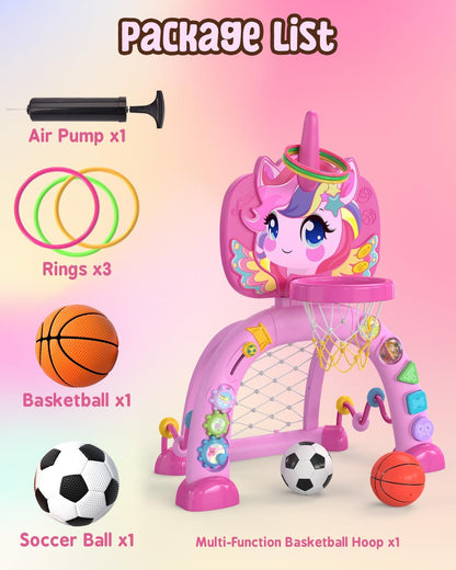 Toddler Basketball Hoop & Soccer Goal, Baby Toys for 1 2 3 Year Old Girls, Kids Sports Toys with Light Sound Music, Unicorn Musical Toys Gift, Christmas Birthday Gifts for Ages 12-18 Months