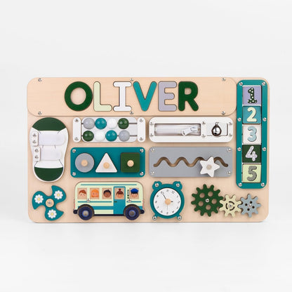 Montessori Busy Board with Personalized Name Puzzle, Wooden Sensory Activity Toy for Toddlers 1-3, First Birthday Gift