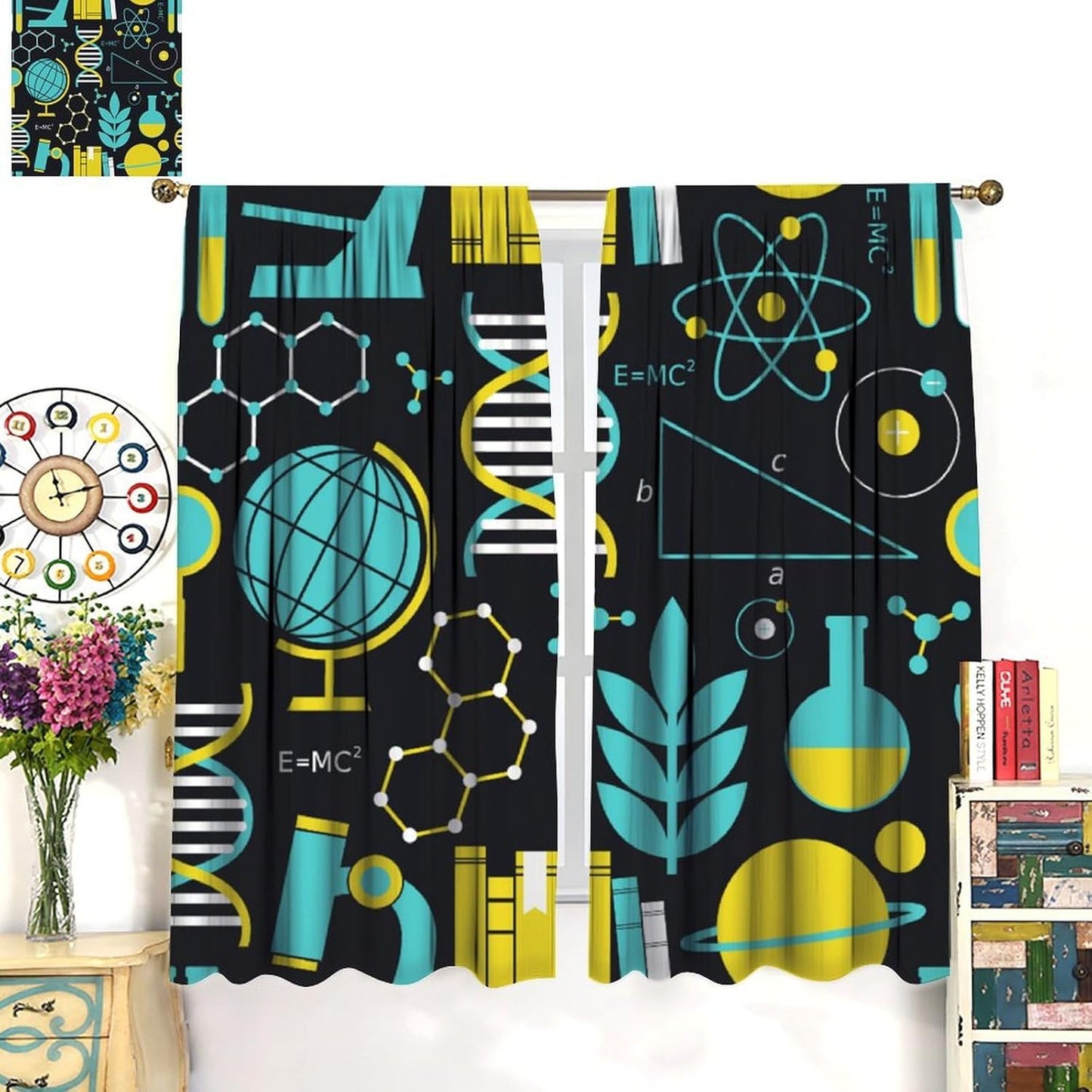 Science Physics Window Curtains, Abstract Math Chemistry Curtain Scientist Graffiti Print Window Treatments for Kids Teens Bedroom Living Room Kitchen Set 2 Panels,42x63 Inches