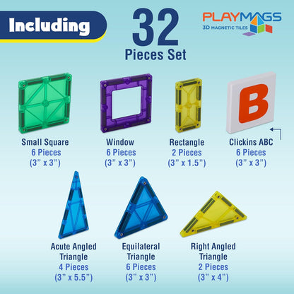Playmags Magnetic Tiles for Kids 100-Piece Set, STEM Educational Building Blocks Toys for Kids, Includes Click-in ABC Learning Tiles, Gift for Boys & Girls, Add on Magnetic Figures, Car Set Available