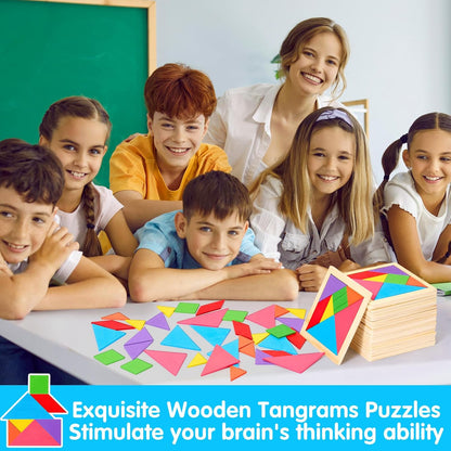 Soulchen 100 Pack Wooden Tangrams Puzzles Bulk for Student Shapes Puzzle Brain Logic Block for Tangram Game Geometric Pattern Block Toy Birthday Party Goody Bag Stuffers Educational Gifts for Adults