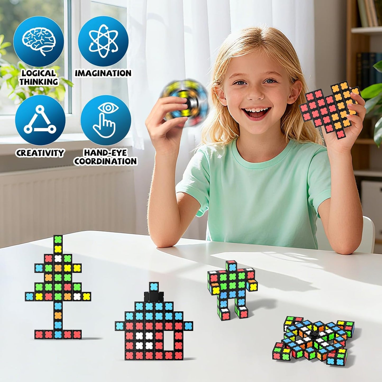 Magnetic Fidget Spinner Mini-38 Blocks, Glow Magnet Cube & Transformable Fidget Spinner & Infinity Cube & 3x3x3 Cube-4 in 1 Toy, STEM Building Tiles Stress Relief Sensory Gift for Kid Boy Girl Adult