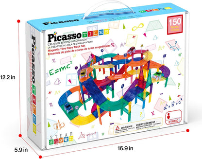 PicassoTiles 50pc Racecar Track Magnetic Tiles Educational Kids Toy with 2 Light Up Trucks STEM Preschool Learning Magnet Tile Toddler Toys Boys Girls Ages 3+ Blocks Game Puzzles Build Playset PTR50