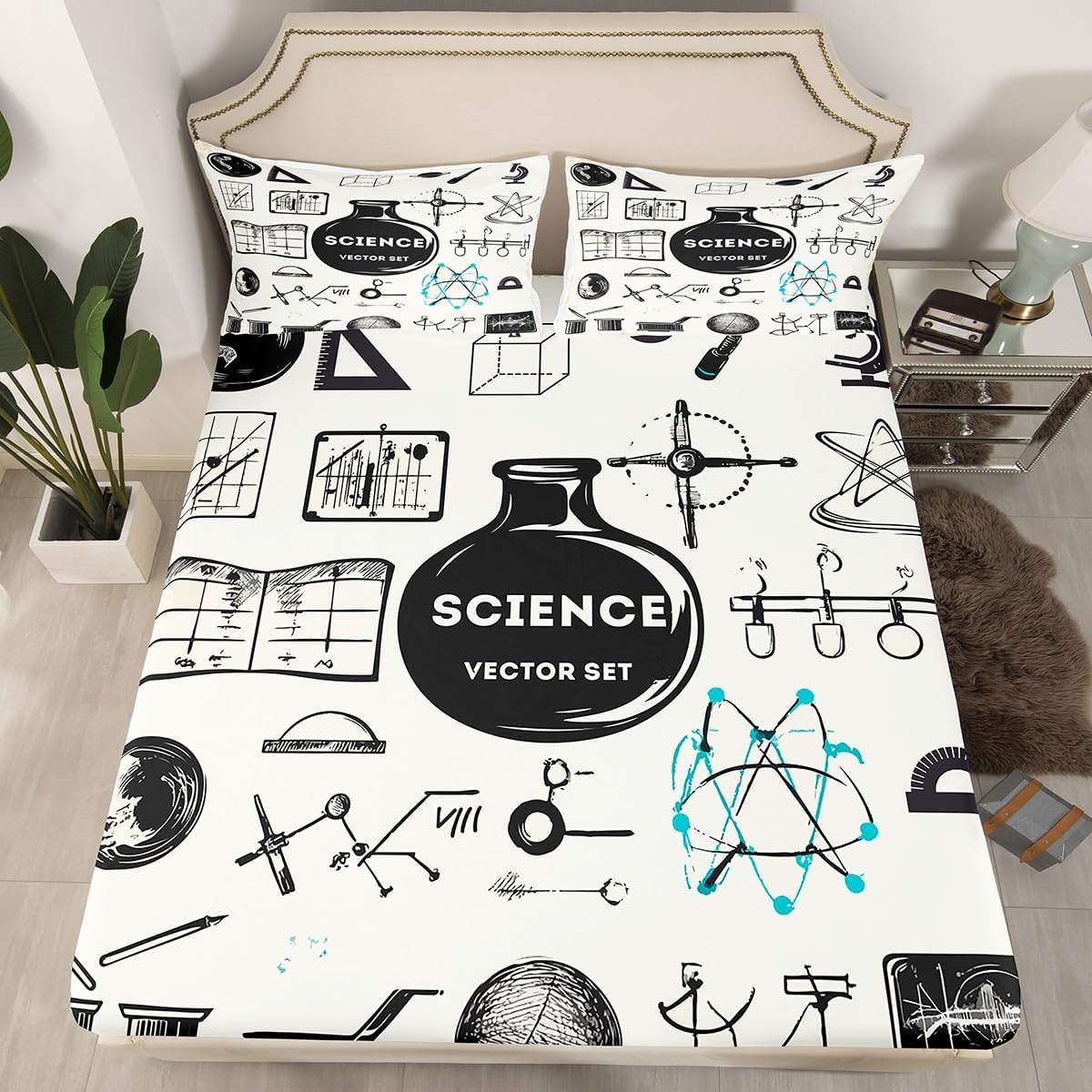 Erosebridal Science Theme Bed Sheets Set Full Size for Boys Girls Chemistry Periodic Table Print Sheet Set Chemical Subject Theme Sheets Teens Kids Math Science Atyle Fitted Sheet 4 Pcs