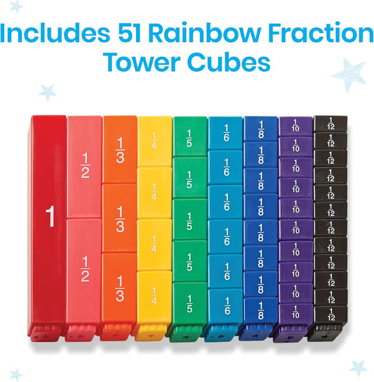 hand2mind Rainbow Fraction Tower Cubes, Fraction Equivalency, Montessori Math Blocks Materials for Kids, Math Manipulatives 4th Grade, Elementary Teacher Must Haves (Set of 51)