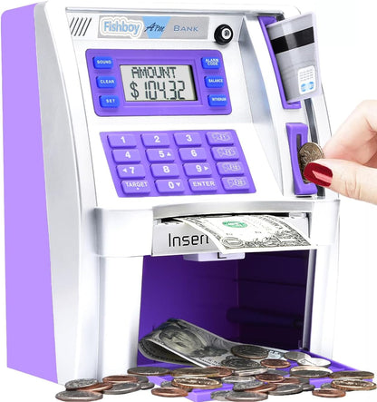 Fishboy Talking Pink ATM Piggy Bank for Kids with Dual Debit Cards, Power-Off Memory, Auto-Opening Drawer for Real Money for Girls, Onekey Shutdown, Bill Feeder, Coin Recognition, Balance Calculator