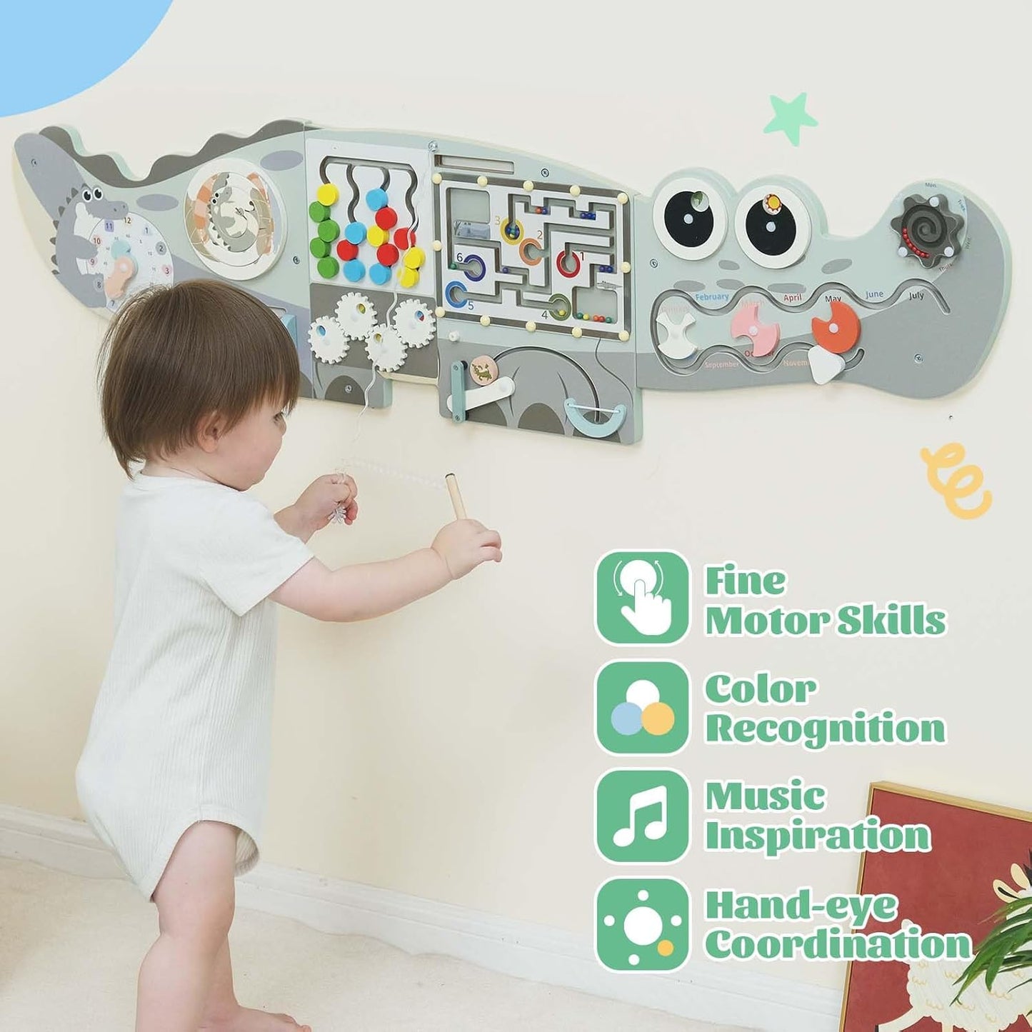Potatomato Green Montessori Busy Board – Educational Wall Panel for Toddlers – Montessori for Boys and Girls – Learning Activity Center – Fine Motor Skills Toys – Autism Toys