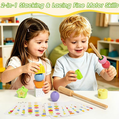 Montessori Lacing Beads Toy for Toddlers 2 3 4, Wooden Fruit Lacing Beads with 20 Double-Sided Pattern Cards, Stacking & Lacing Fine Motor Skills, Sensory Educational Birthday Gift for Boys & Girls