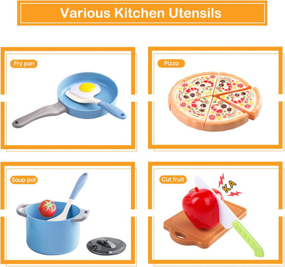 150Pcs Kitchen Playset, Toddlers Pretend Cooking Cookware Accessories, Food, Picnic Blanket, Fruits, Veges, 2Pack Shopping Storage Basket, Dessert and Prop Money, Gift for Kids (Pink)