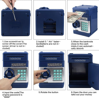 HUSAN Piggy Banks Money Banks for Kids, Electronic Password Code Money Banks ATM Banks Box Coin Bank for Children Boys and Girls (Grey Bue)
