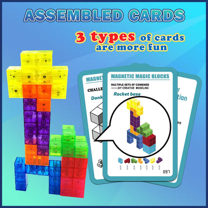 Magnetic Building Blocks, STEM Magic Magnetic 3D Puzzle Cubes, 7 Pcs Preschool Multi Shapes Magnetic Toys with 54 Cards, Montessori Sensory Autism Building Toys for Kids