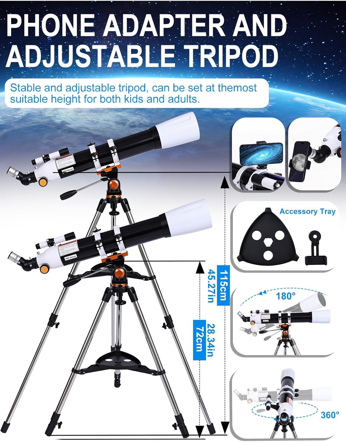 Telescope for Adults High Powered 90mm Aperture 800mm (32X-240X), Refractor Telescopes for Astronomy Beginners with AZ Mount Tripod, Phone Adapter, Carry Bag (80090white)