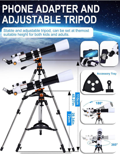 Telescope for Adults High Powered 90mm Aperture 800mm (32X-240X), Refractor Telescopes for Astronomy Beginners with AZ Mount Tripod, Phone Adapter, Carry Bag (80090white)