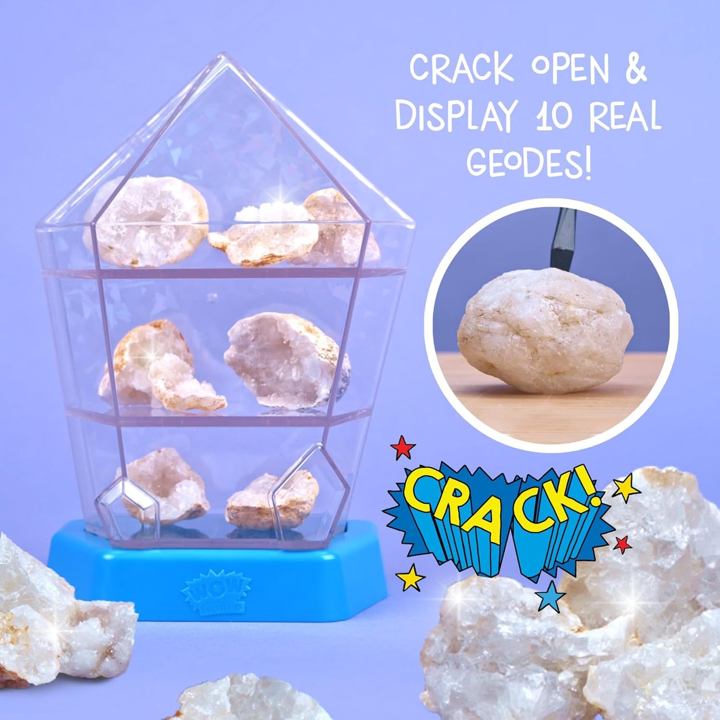 Wow in The World – 10 Real Break-Open Crystal Geodes with Display Case – Bonus Goggles & Magnifying Glass, Companion Audio Content, STEM Toy for Boys & Girls 6+ by Thames & Kosmos
