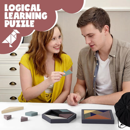 Yunsailing 3 Pack Large Hexagon Tangram Puzzle Wooden Brain Puzzles for Adult Challenge Wood Russian Blocks Brain Teasers Geometric Jigsaw Block Logic Iq Stem Family Graduation Gifts(Vintage)