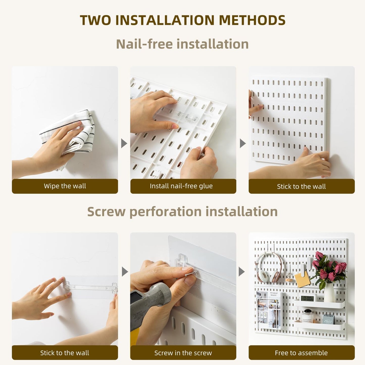 VUSIGN Pegboard Combination Wall Organizer Kit, 4 Pieces Pegboards and 17 Accessories Modular Hanging, Wall Mount Display Peg Board Panel Kits for Bedroom, Home, Office, Bathroom, 22" x 22", Pink