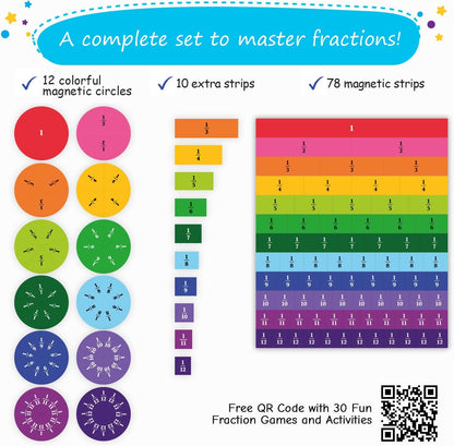 166 PCS Magnetic Fraction Tiles & Fraction Circles - Elementary Fraction Manipulatives Class Set - Magnetic Fraction Bars & Strips Fraction Kit, Fraction Magnets, Math Manipulatives - Simply Magic