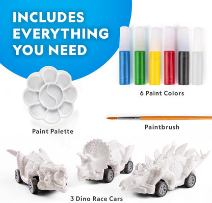 National Geographic Pull Back Dinosaur Race Cars Craft Kit - Paint 3 Dino Racecars with 6 Paint Colors, Dinosaur Toys for Kids, Kids Painting Kit, Arts & Crafts for Kids
