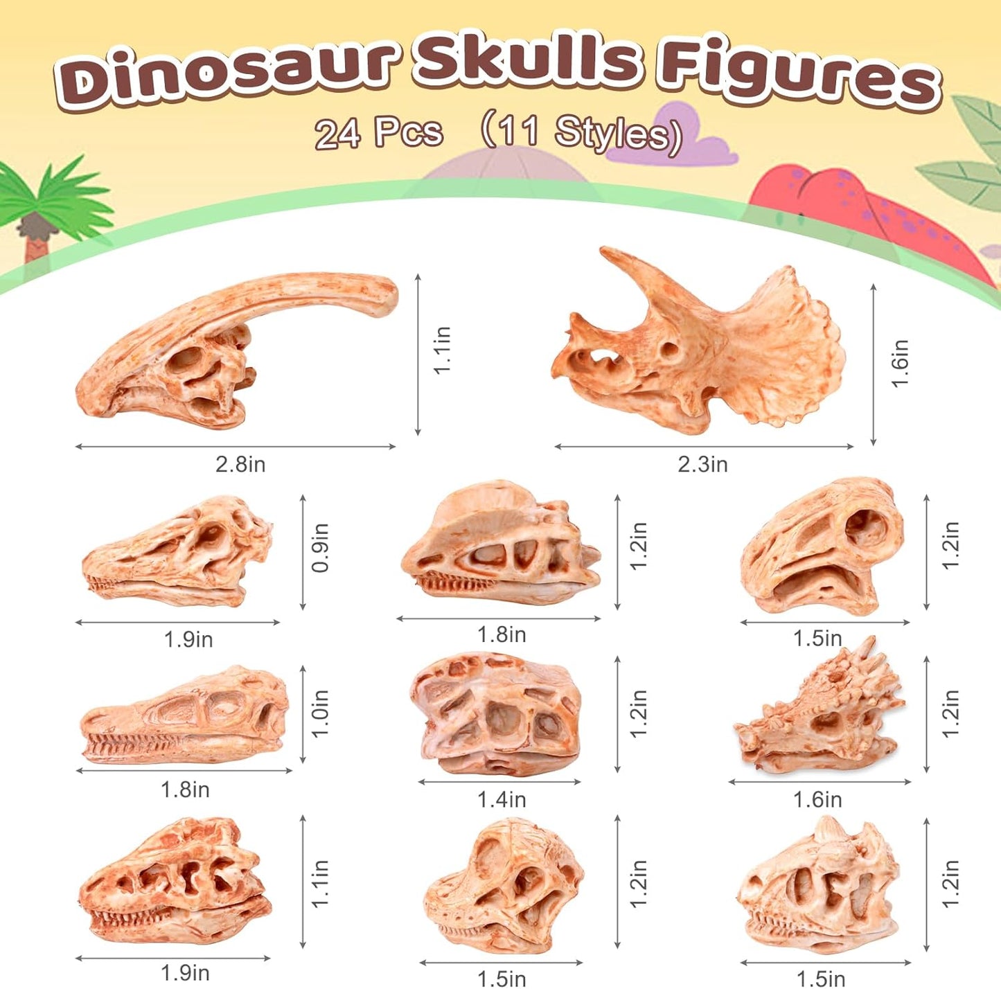 24-Piece Dinosaur Bone for Sandbox, Realistic Dinosaur Figure Plastic Dino Skulls Bulk for Sand Box Easter Dino Themed Birthday Party Digging Sensory Bin Cake Decoration Classroom Prize, Brown