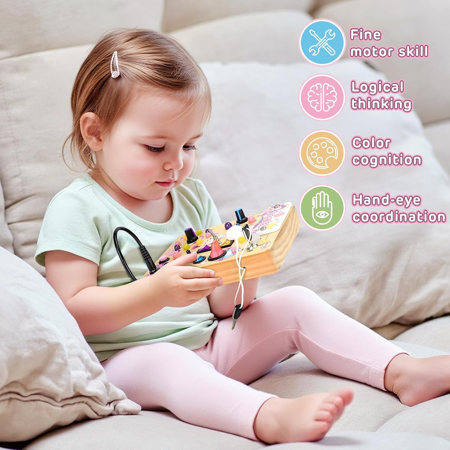 Joyreal Busy Board with 19 LED Lights and 10 Switches, Montessori Toys for 1 2 3 Year Old, Wooden Sensory Activity Board for Toddlers, Travel Toys for Toddler 1-3 Plane Car, Birthday Gifts for Girls