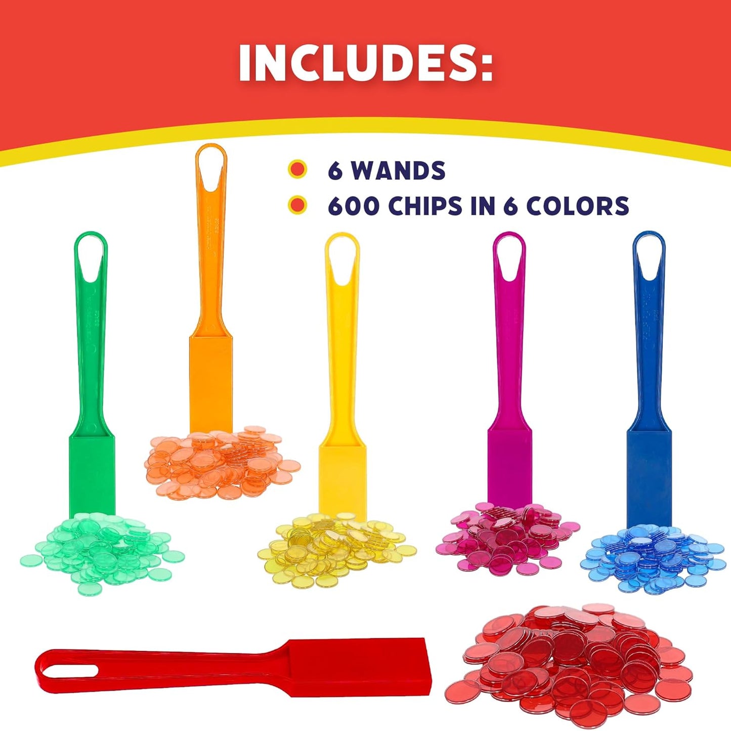 POPULAR PLAYTHINGS Magnetic Bingo Wands with 600 Metal Chips - 6 Colorful Wands Set for Classroom Games, Educational Activities, and Family Bingo Night