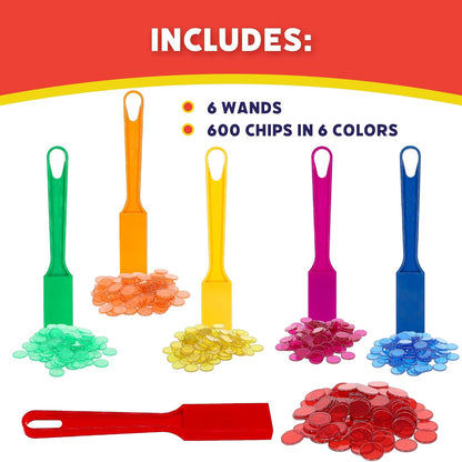 POPULAR PLAYTHINGS Magnetic Bingo Wands with 600 Metal Chips - 6 Colorful Wands Set for Classroom Games, Educational Activities, and Family Bingo Night