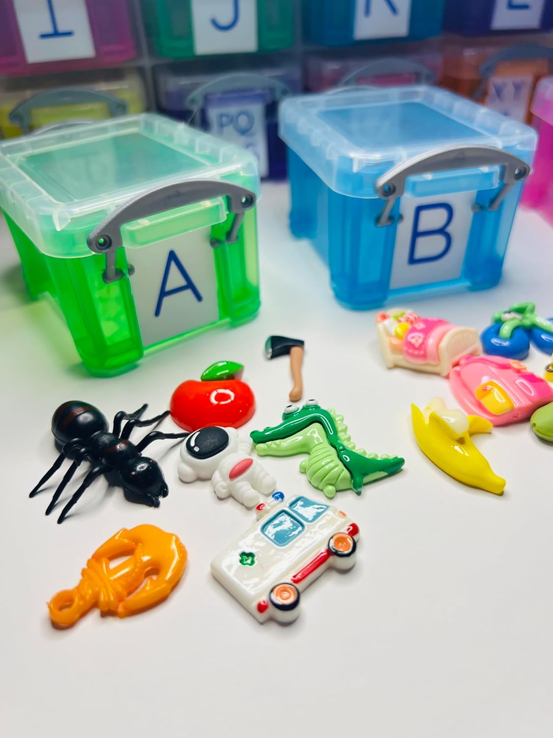 Alphabet Learning Kit with Objects for Beginning Sounds, 7 Objects Per Letter, Storage Boxes with Uppercase Labels