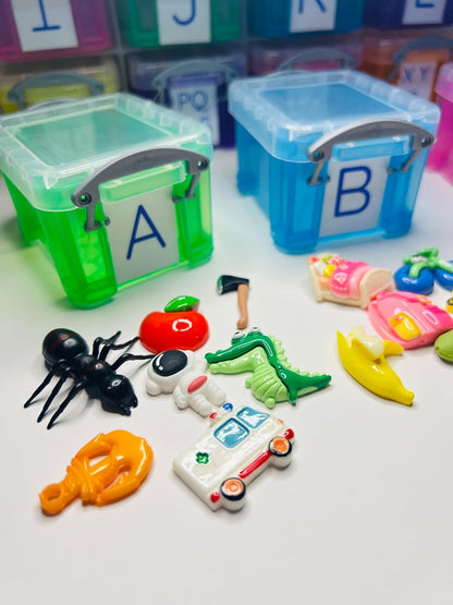 Alphabet Learning Kit with Objects for Beginning Sounds, 7 Objects Per Letter, Storage Boxes with Uppercase Labels