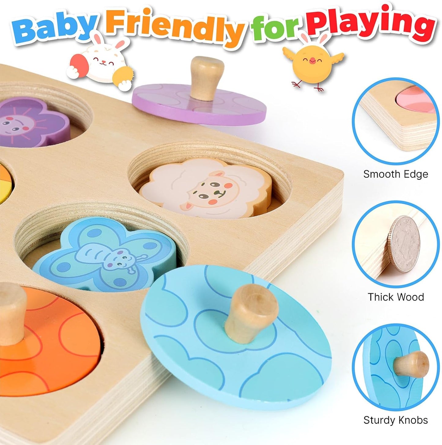 Wooden Puzzles for Toddlers 1-3, Animal Match Farm Peg Puzzle for Toddlers Age 1+, Montessori Toys for 1 2 Year Old, Knob Puzzle Birthday Gift, Preschoool Learning Toys