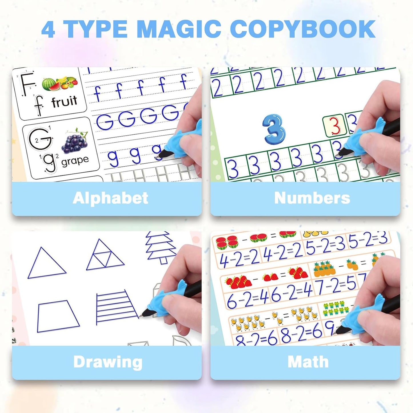 Handwriting Practice Book for Kids, 4 Pack Magic Grooved Writing Practice with Pen, Reusable Tracing Workbook with Numbers & Letters, Gift for Early Education Preschool Learning Activities