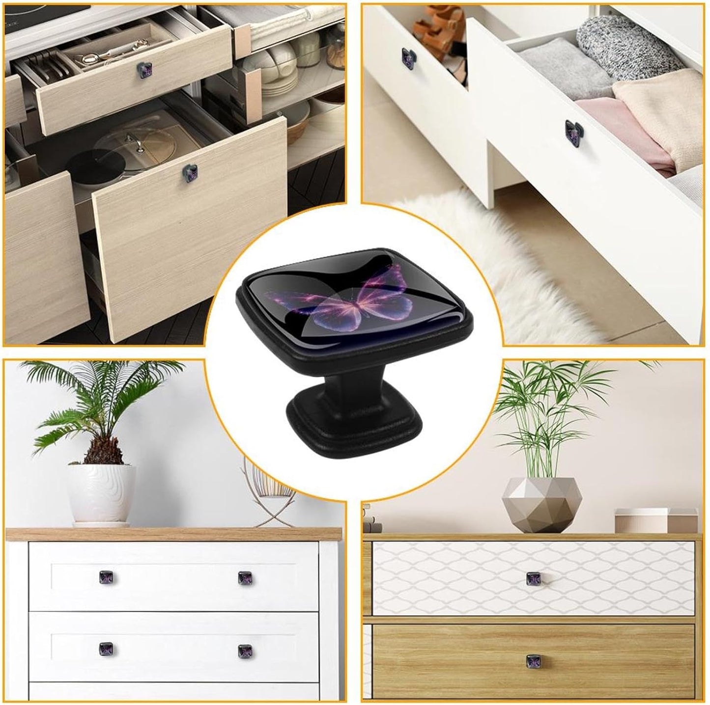4 Pack Cabinet Knobs Drawer Pulls, 30mm Round ABS Glass Drawer Hardware Growing Purple Butterflies Cabinet Handles with Screws for Dressers Kitchens Cupboard
